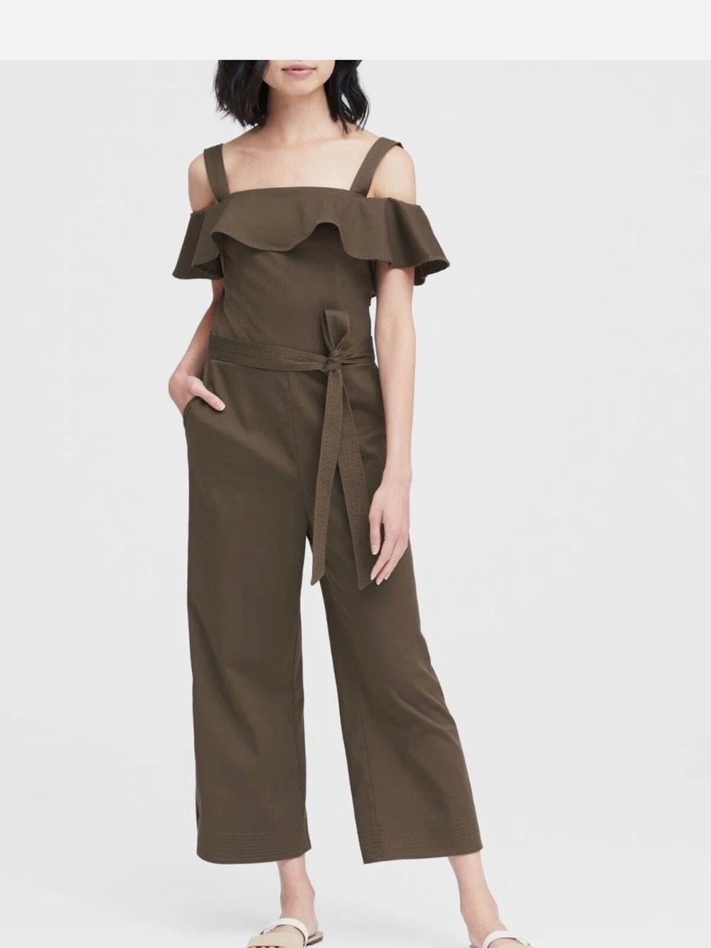 NWOT Banana Republic Olive Off-Shoulder Ruffle Jumpsuit with Tie Waist  Size 4 P